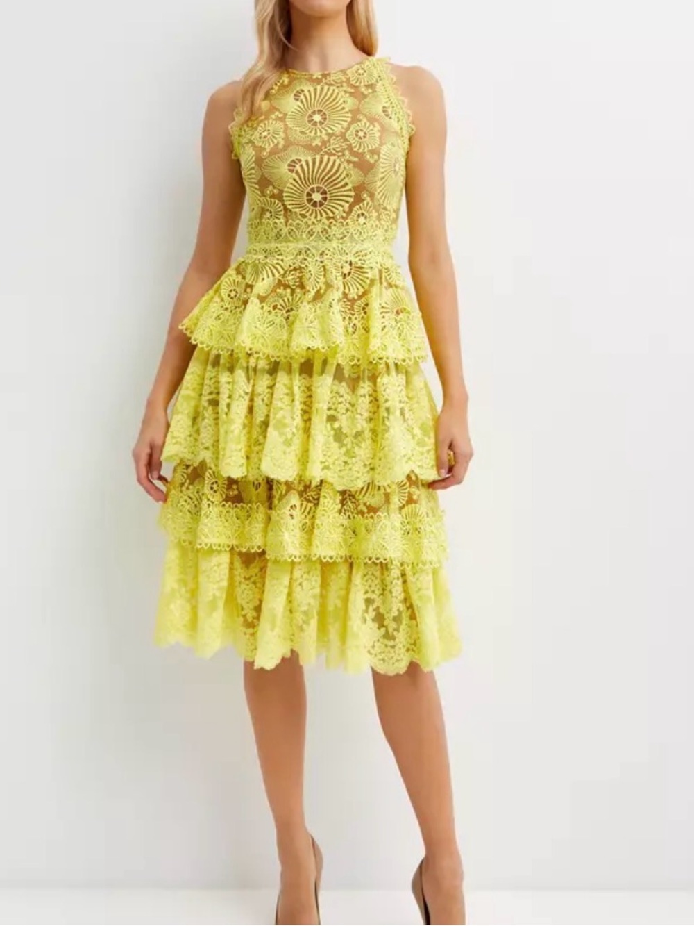 BRONX AND BANCO Bridget Ruffle-Tiered Lace Midi Dress Size 8